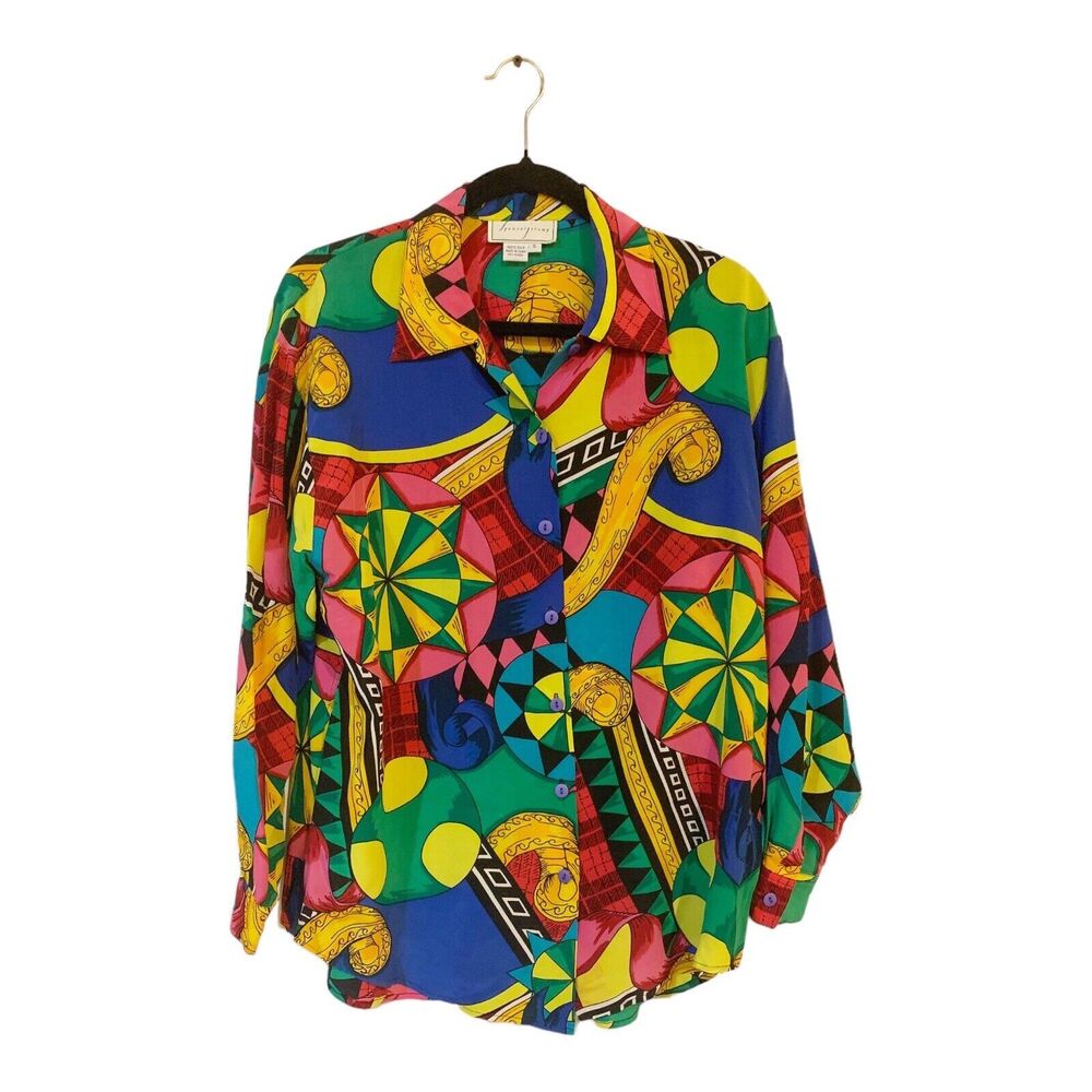 Spencer Jeremy Bright Colors Button Down Silk Short VTG 80’s Small